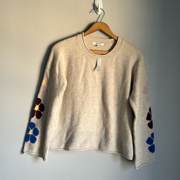 NEW Madewell Belmore Floral-Sleeve Pullover Sweater in Coziest Textured Yarn - Picture 2 of 10